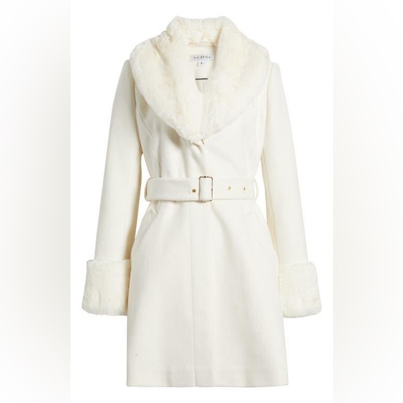 Via Spiga White Belted Wool Blend Coat with Faux Fur Trim Size Large - Picture 1 of 3